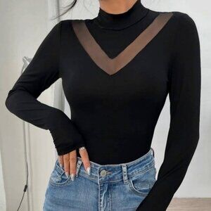 3/$20 SHEIN Mock Neck Fitted Top Sheer Inset Long Sleeve Sexy Black Plus Size 3X